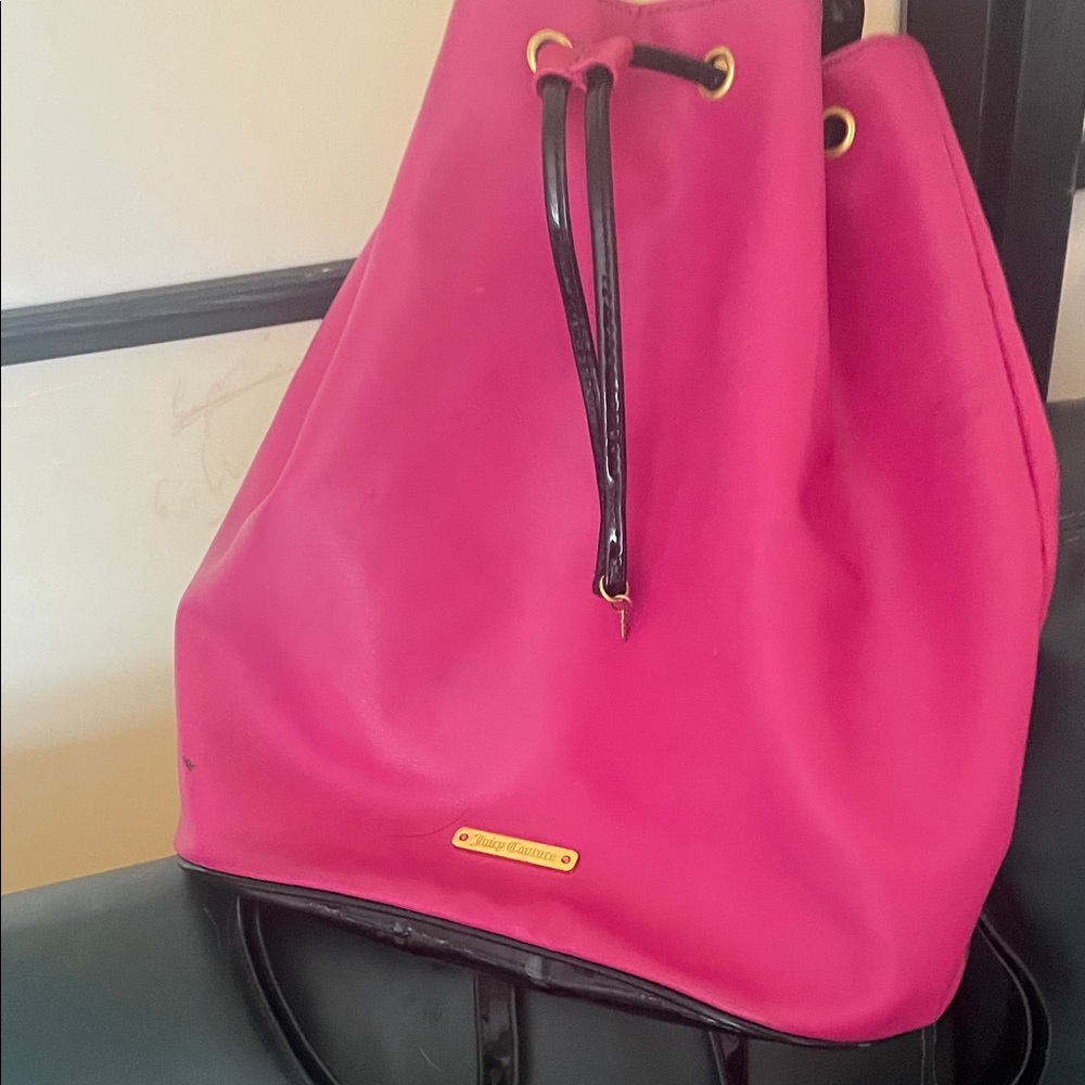 Juicy Couture Bright Pink Drawstring Bucket Backpack with Black Trim